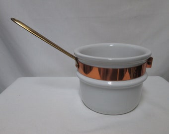 Vintage Ceramic double boiler copper and brass handle white pot