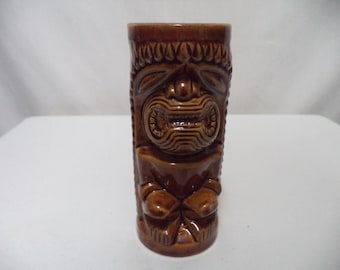 Taza Tiki Leilani Hawaiana Vintage con Orquídeas, Cerámica Japonesa, Marrón, Cuerpo Completo, 6"