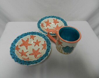 Barbara Walter & Safe Haven Studio Art Pottery Nautical Starfish 2 bowls mug