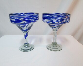 Handblown Margarita Glass Set 2 cobalt blue swirl Artisan Handmade barware NEW