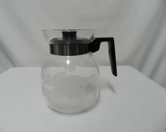NESCAFE Vintage Frosted Etched Glass World Globe Coffee Pot Black Plastic w/Lid