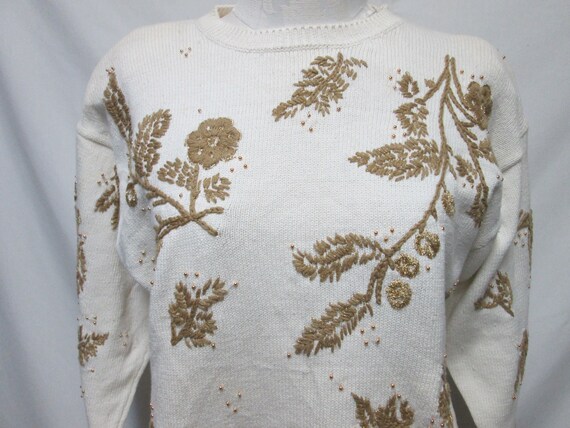 Vintage Embroidered Beaded gold cream Sweater Top… - image 7