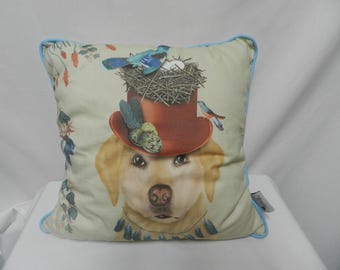 Fab Funky Milliners Collection Yellow Labrador w/ Bird New Pillow England 16" x 16"