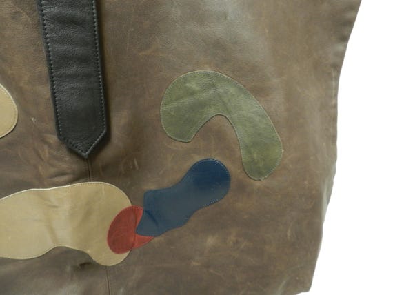 Leather Vintage Extra Large Patchwork shoulder ba… - image 6