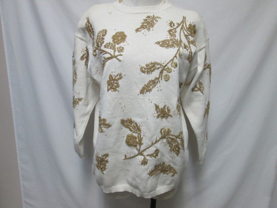 Vintage Embroidered Beaded gold cream Sweater Top… - image 2