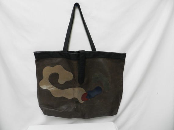 Leather Vintage Extra Large Patchwork shoulder ba… - image 2