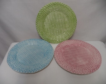 LES OTTOMANS Wicker Blue Pink Green plate set 3 Hand painted Italy Salad Side