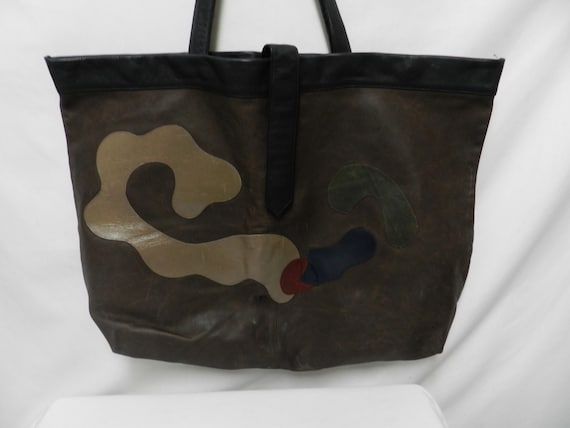 Leather Vintage Extra Large Patchwork shoulder ba… - image 3