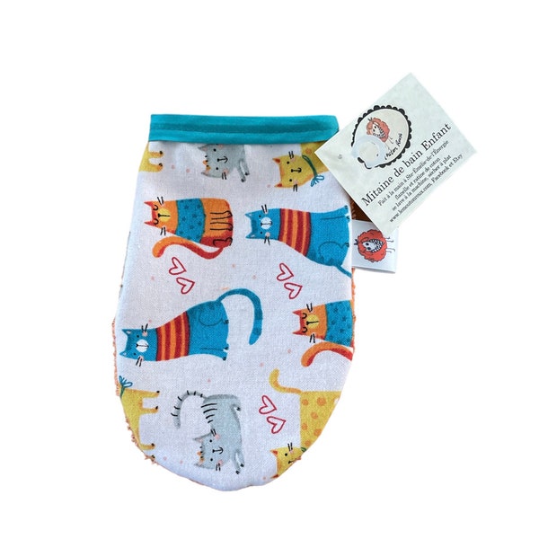 Mitaine de bain gant de lavage pour enfant idée cadeau Pâques noël fête coton serviette débarbouillette le Mouton Roux chat turquoise orange