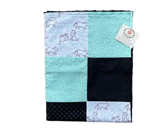 Small Blanket comforter quilt patchwork minky very soft fabric for baby child shower gift idea black cat kitten turquoise