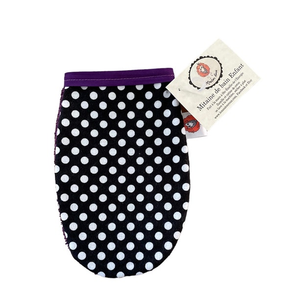 Mitaine de bain gant de lavage pour enfant idée cadeau Pâques noël fête coton serviette débarbouillette le Mouton Roux pois noir violet