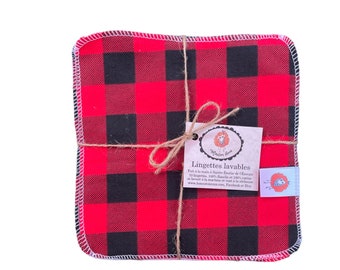 10 washable baby wipes, toilet paper, handkerchiefs, 7"x7" flannel/terry cloth, birth shower gift, red sheep, plaid