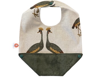 Scalable reversible bib bavana bib for baby child gift idea shower birth the red sheep peacock swan unisex green