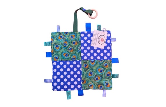 Doudou labels toy baby attachment pacifier or teething toy gift idea shower  birth red sheep blue minky green peacock feather