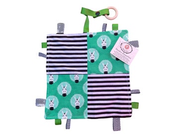 Doudou labels toy baby attachment pacifier or teething toy gift idea shower birth minky black green zebra unisex