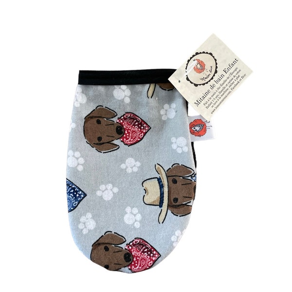 Mitaine de bain gant de lavage pour enfant idée cadeau Pâques noël fête coton serviette débarbouillette le Mouton Roux chien teckel cow-boy