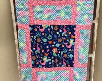 Handmade Mermaid Baby Quilt, 100% Cotton, Coastal Nursery Decor