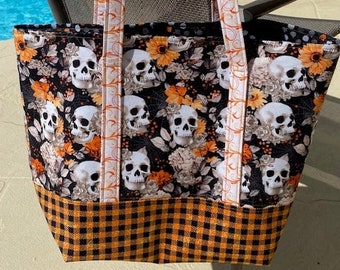Floral Skull Halloween Tote Bag, Orange Plaid Cotton
