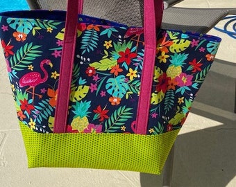 Flamingo Tote Bag, Diaper bag, reusable Tote, Beach bag, tropical print tote bag, Bag, Handmade Tote, shoulder bag, purse