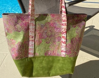 Hibiscus Print Tote Bag, Large Cotton Beach Bag