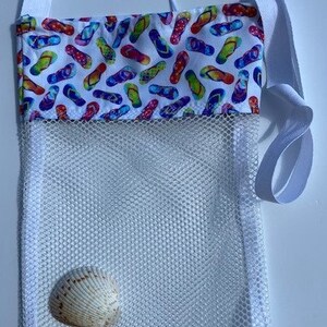 Seashell collecting mesh bag, flip flop print, mesh bag, sea shell collecting bag, sea shell bag, beach bag
