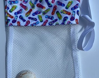 Seashell Collecting Mesh Bag, Flip Flop Print Beach Tote