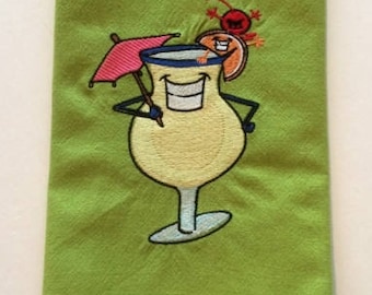 Pina Colada bar towel, embrodered kitchen towel, smiling cocktail