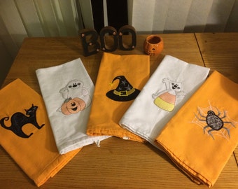 Embroidered Halloween Kitchen Towels: Applique Black Cat, Ghost, Witch Hat, Spider Designs