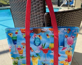 Tropical Cocktails Print Tote Bag: Large Cotton Beach Bag