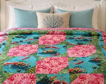 Handmade Flamingo and Hibiscus Patchwork Quilt, Coastal Lap Quilt (59x40in)