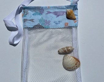 Mesh Shelling Bag, seashell collecting bag, mesh beach bag, mesh drawstring bag