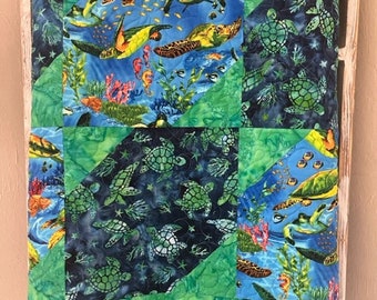 Handmade Sea Turtle Patchwork Quilt, Coastal Lap Quilt (41x60)