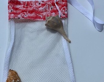 Mesh Shell Bag, Flamingo Print, Beachcombing Bag