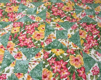 Handmade Hibiscus and Plumeria Patchwork Quilt, Coastal Lap Quilt (52x44in)