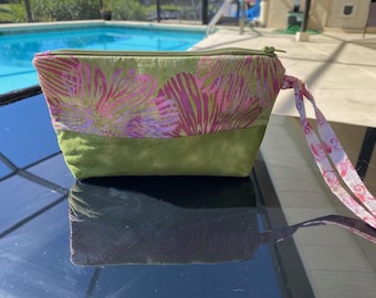 Hibiscus Wristlet, Green and Pink Small Clutch, Essentials Pouch
