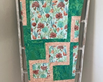 Coral Seashell Lap Quilt, Handmade Cotton Throw, Beach Cottage Decor