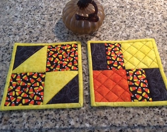 Candy Corn Patchwork Pot Holders, Quilted Halloween Kitchen Decor Set