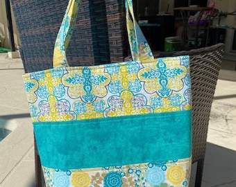 Turquoise Floral Cotton Tote Bag with Pockets