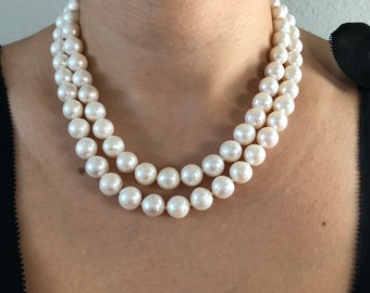 Genuine Cultured Freshwater Two Strand Pearl Necklace - White Bridal 2 Strand Round Pearl Necklace Hand Strung Sterling Silver