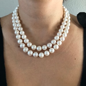 Genuine Cultured Freshwater Two Strand Pearl Necklace - White Bridal 2 Strand Round Pearl Necklace Hand Strung Sterling Silver