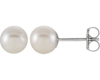 Cultured freshwater pearl earrings 14k white gold post stud, bridal earrings 6mm - 6.5mm round