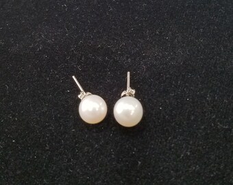Genuine Cultured Freshwater Pearl Earrings Sterling Silver Setting 8mm Pearl Studs White Color  Perfectly Round