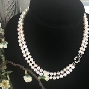 Cultured Freshwater Two Strand White Bridal Pearl Necklace - Two Strand Jackie O Pearl Necklace - Hand Strung With Toggle Silver Tone Clasp