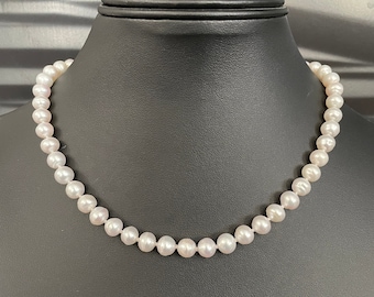 Collana di perle d'acqua dolce coltivate bianche a filo singolo con chiusura in argento sterling, collana da sposa con perle autentiche rotonde da 7 mm, lunghezza 16-18 pollici
