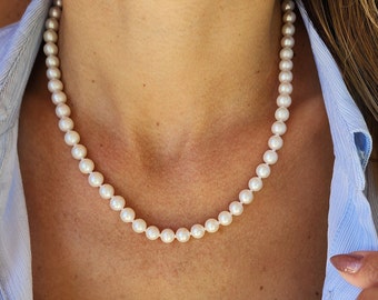 Naszyjnik z białych pereł słodkowodnych – perły okrągłe o średnicy 6,5 mm, sznur 18” ze złotym zapięciem 14K