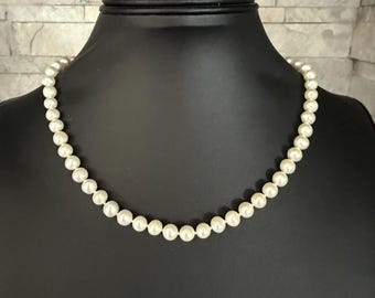White Freshwater Pearl Necklace – 7mm Round Pearls, 17” Strand with Sterling Silver Lobster Clasp