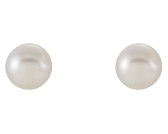 Cultured freshwater pearl earrings 14k white gold post stud, bridal earrings 7mm - 7.5mm round