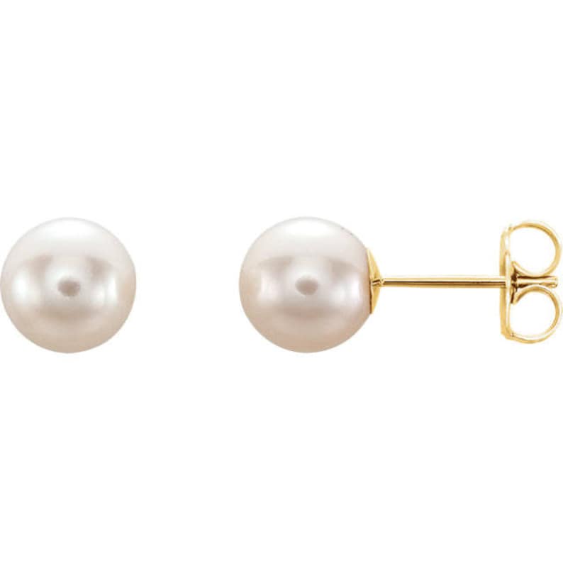bridal earrings 7mm 7.5mm round Cultured freshwater pearl earrings 14k white gold post stud