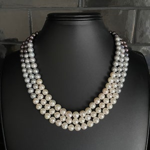 Cultured Three Strand White Bridal Pearl Necklace - Multicolor Three Strand Jackie O Pearl Necklace - 8mm Hand Strung Genuine Pearl Necklace