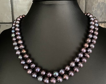 Cultured Freshwater 9mm-10mm Peacock Pearl Necklace - Double Strand Genuine Pearl Necklace with large clasp